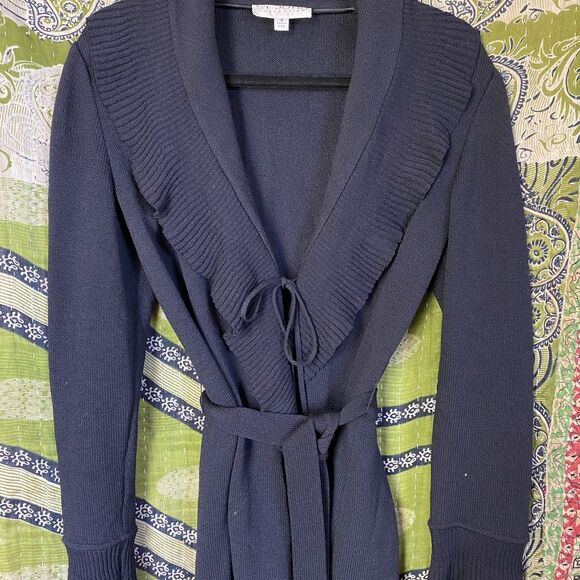 St. John Collection Wool Blend Santana Knit Black Long Ruffled Cardigan Size 4 - Picture 4 of 16